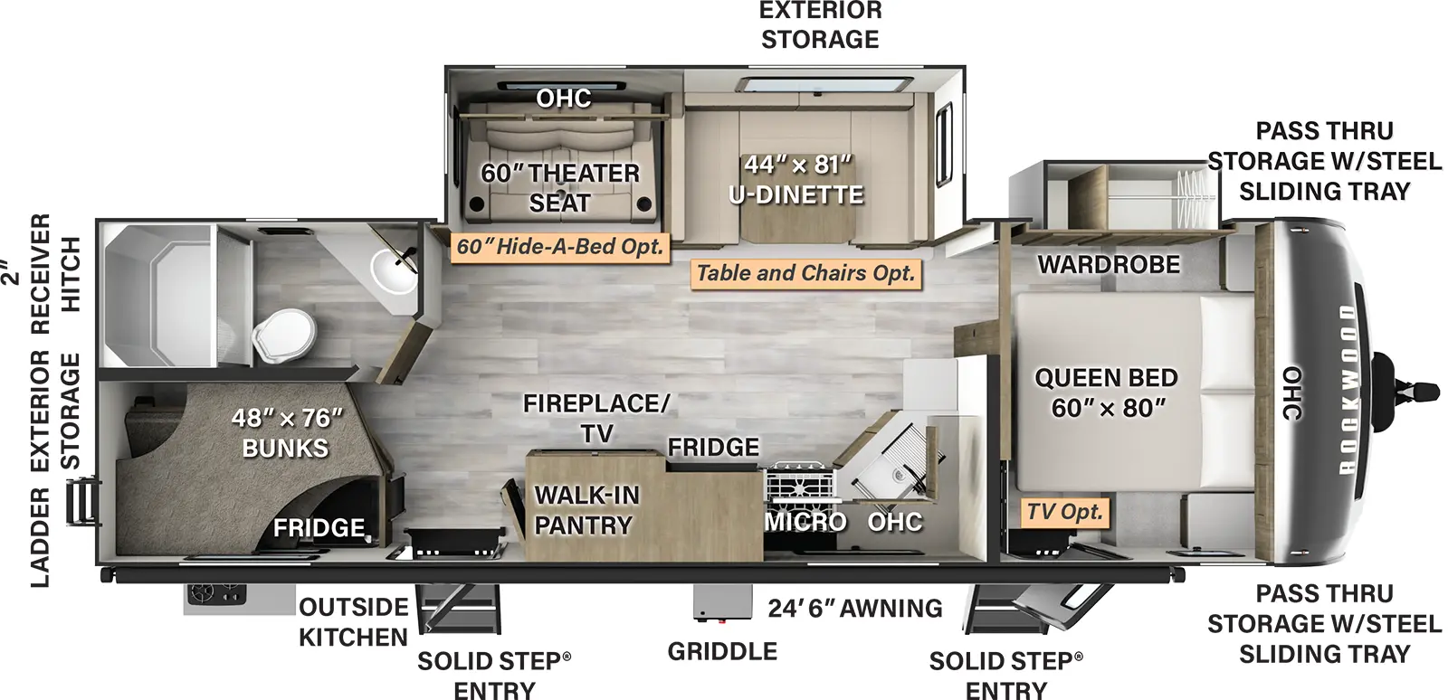 The 2706WS has two slideouts and two entries. Exterior features a 24 foot 6 inch awning, solid step entries, outside kitchen with refrigerator, exterior storage, front pass-thru storage with steel sliding tray, griddle, rear ladder, and 2 inch receiver hitch. Interior layout front to back: foot-facing queen bed with overhead cabinet, off-door side wardrobe slideout, and entry door (TV optional); kitchen counter with sink wraps from inner wall to door side with overhead cabinets, microwave, cooktop, refrigerator, TV & fireplace with walk-in pantry behind, and second entry; off-door side slide out with u-dinette (table and chairs optional), theater seating (hide-a-bed optional), and overhead cabinets; rear off-door side full bathroom; rear door side bunk beds.